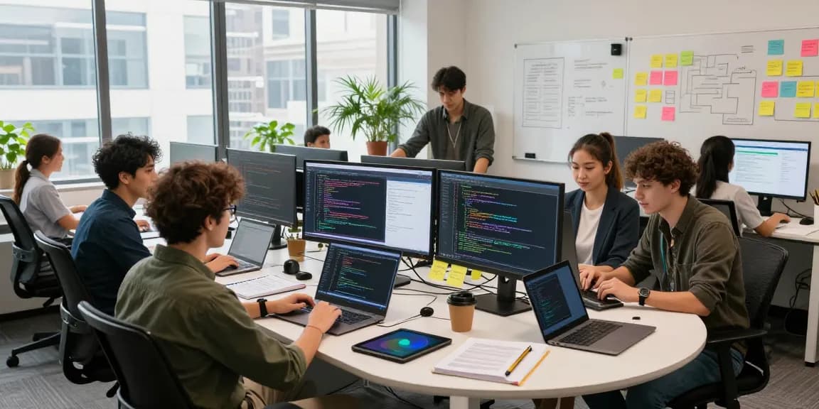 Developers collaborating at modern workspace with focus on 纸飞机中文版 software interface and teamwork.