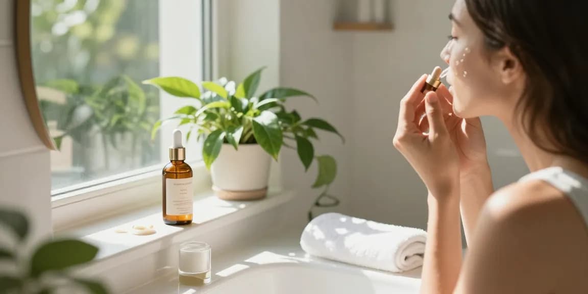 Applying Nourish and Hydrate Serum during a serene beauty routine, surrounded by lush plants and sunlight.