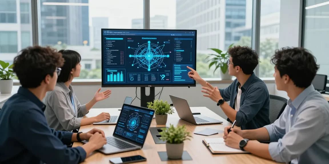 快连 network acceleration team collaborating in modern office setting, showcasing teamwork and technology.