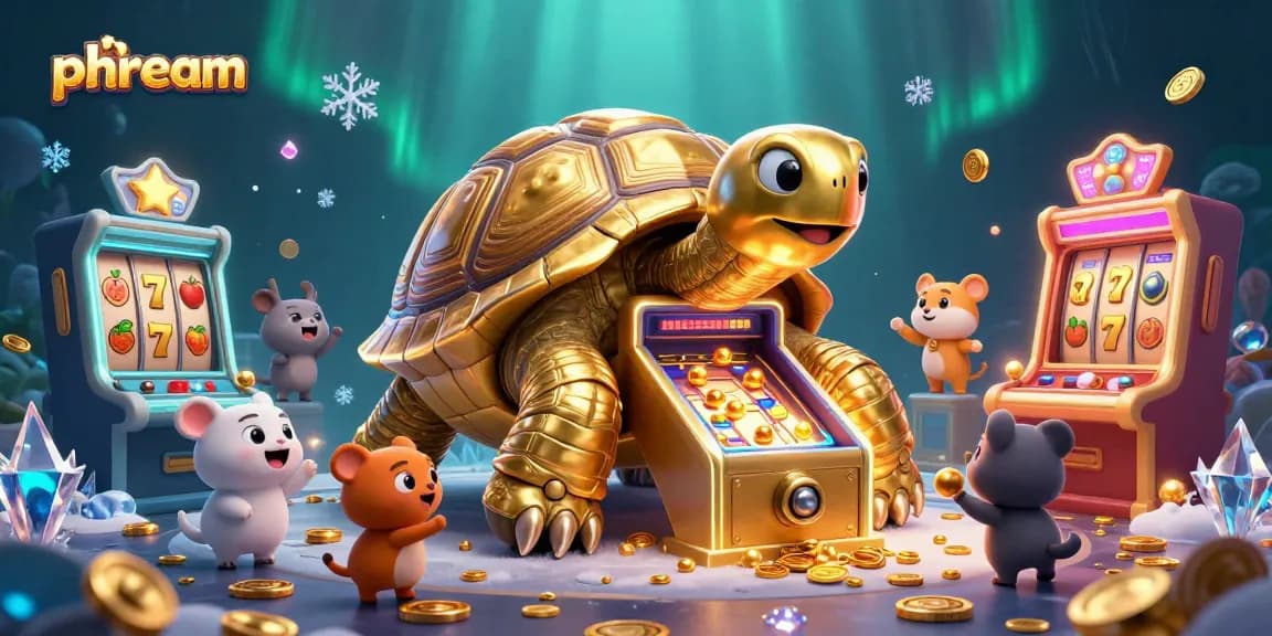 Play exciting games at Phdream, featuring a colossal tortoise pinball machine in a vibrant casino scene.