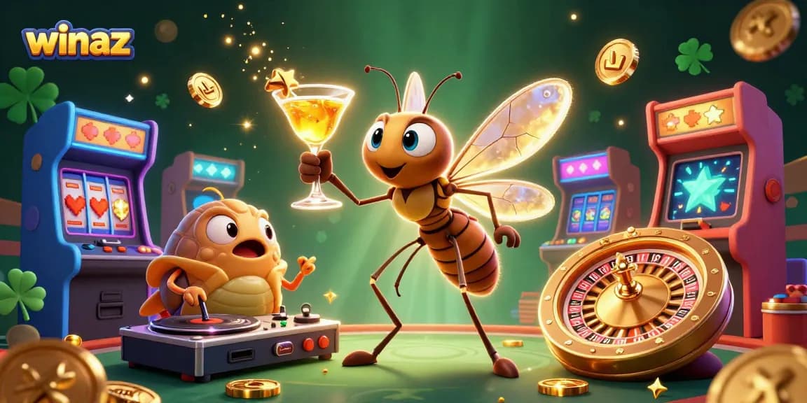Experience the excitement of winaz as a unique casino mascot comes to life amidst a vibrant gaming scene.