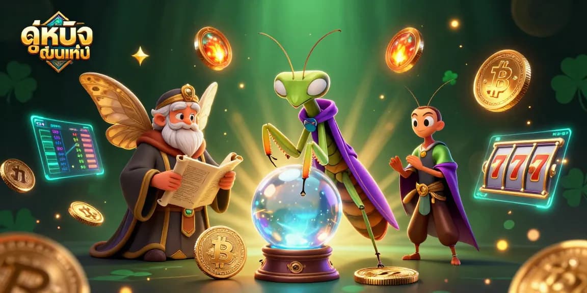 Engage with ดูหนังออนไลน์ as a cartoon praying mantis fortune teller coincides with vibrant gambling elements in a mystical scene.