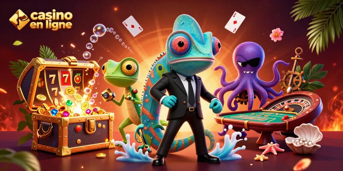 Jouez à des jeux captivants dans un casino en ligne avec un caméléon agent secret et un lézard génie.