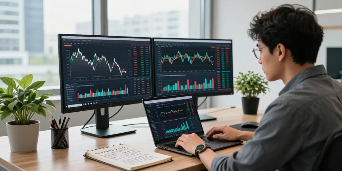 Analyzing cryptocurrency trends at a modern office with dual monitors displaying live market data on https://crypto-reviews.ru/okx-v-kazahstane/.
