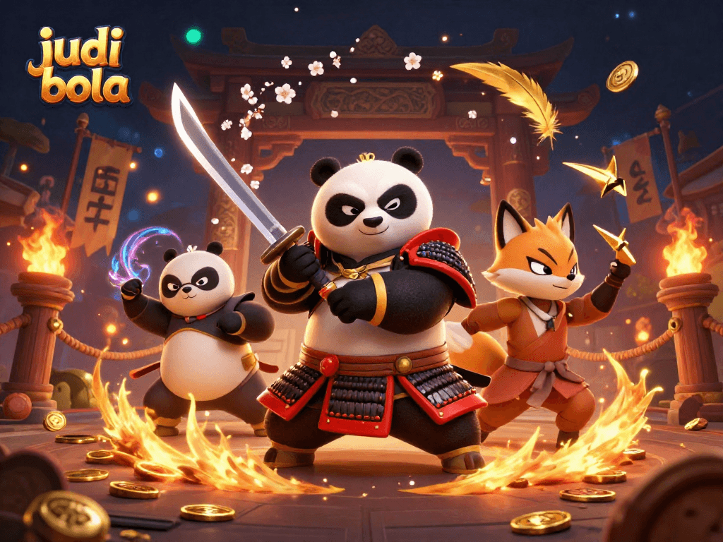 Engage in judi bola with dynamic samurai panda and ninja fox in an exhilarating gambling scene.