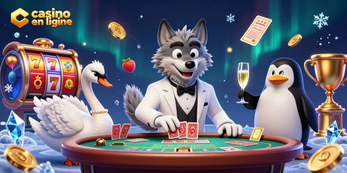 Scène captivante de casino en ligne avec un loup élégant, un croupier cygne et un sommelier pingouin.