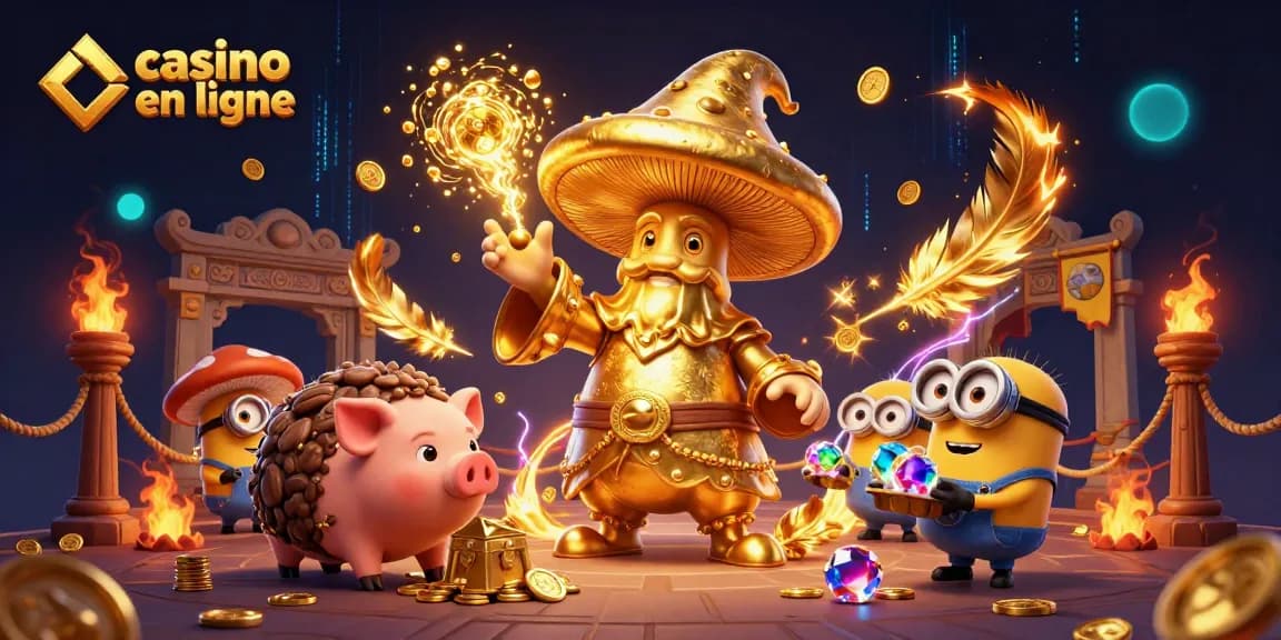 Profitez d'une scène de casino en ligne riche en détails, avec des personnages magiques et des pièces d'or.
