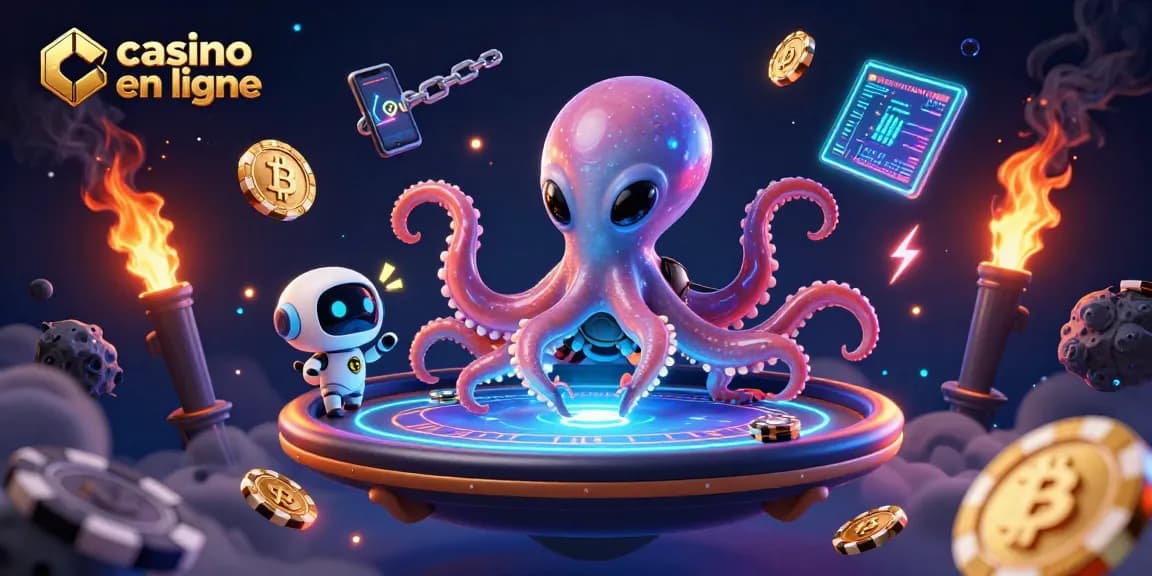 Jouez au casino en ligne avec cet octopus extraterrestre à une table de poker holographique entouré de crypto-monnaies.