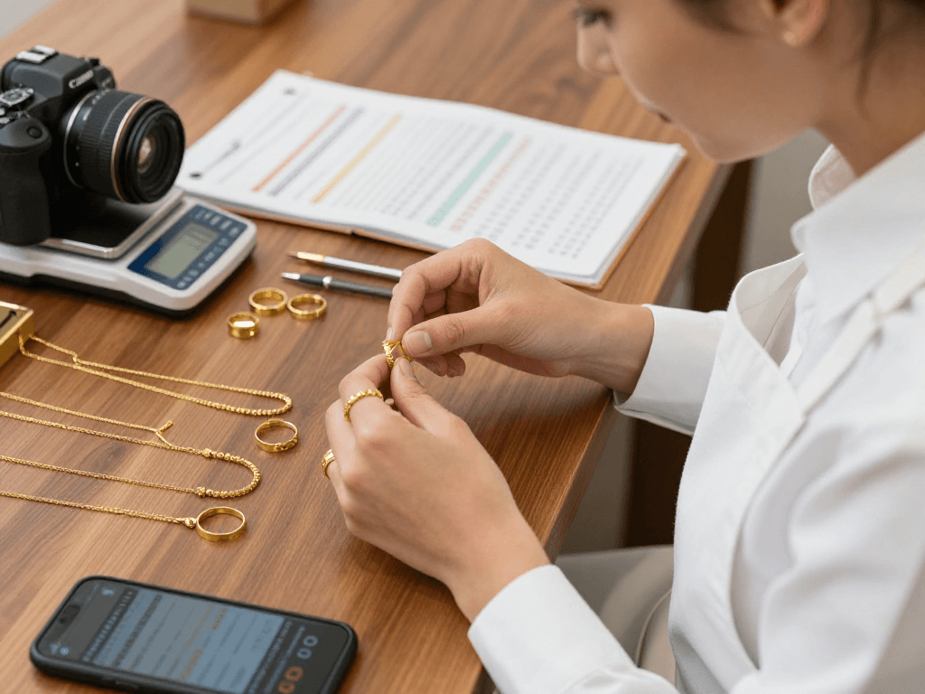 Display of mantra 88 gold jewelry being examined by a jeweler in a professional setting, showcasing 24K rings and necklaces.