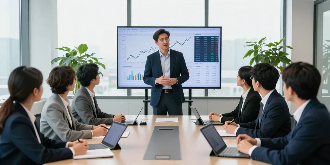 Nathan Garries presenting investment strategies in a modern office.