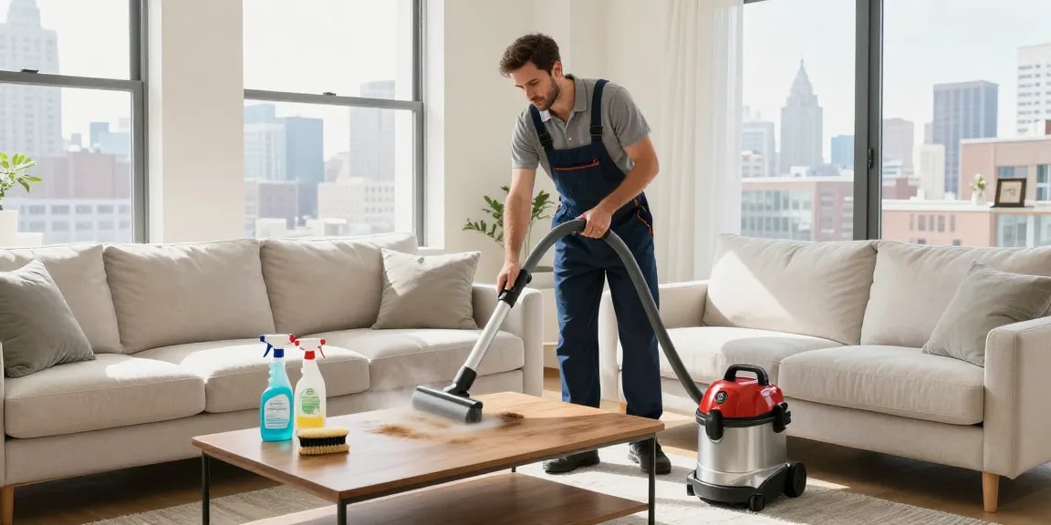 Sofa cleaning NYC - Professional technician cleaning a light-colored sofa in a stylish NYC living room with bright sunlight and skyline views.