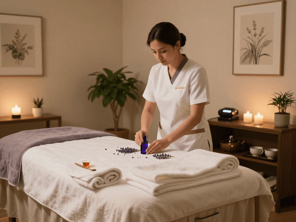 Relaxation session at Balanced Massage featuring mantra 88 oils for a soothing experience.
