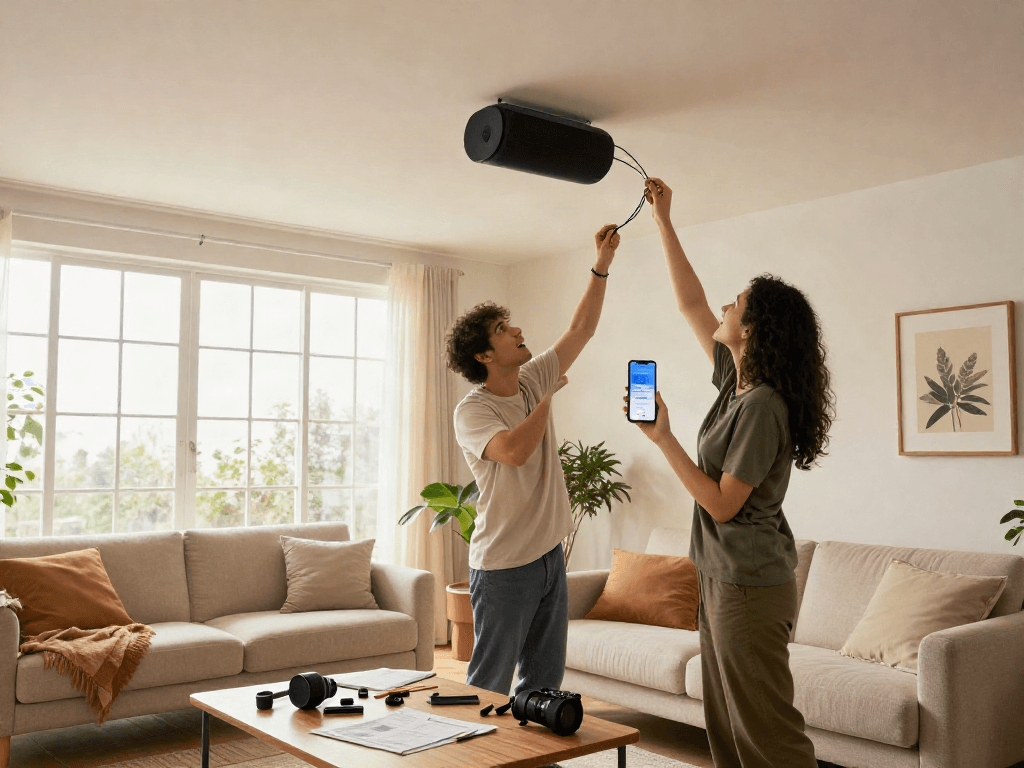 Excited couple setting up a خرید اسپیکر سقفی in their modern living room.