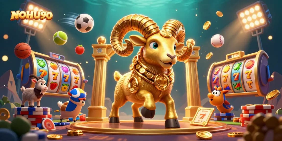 Play and win big with NOHU90's vibrant slots featuring a dynamic golden ram and casino elements.