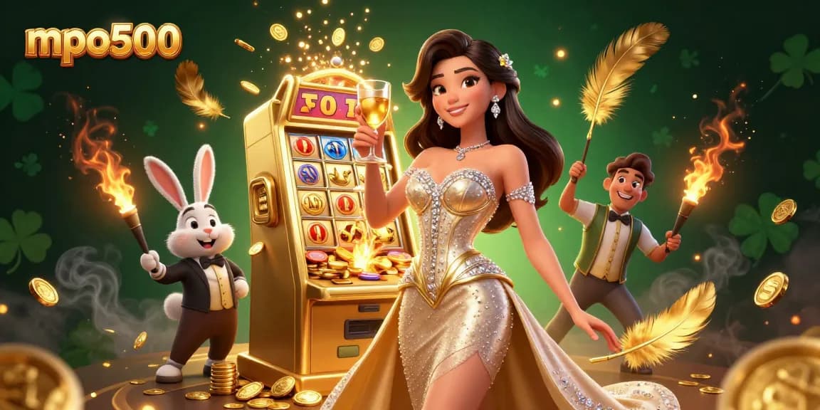 Win big at mpo500 with a stunning woman celebrating beside a jackpot slot machine and a bunny croupier.