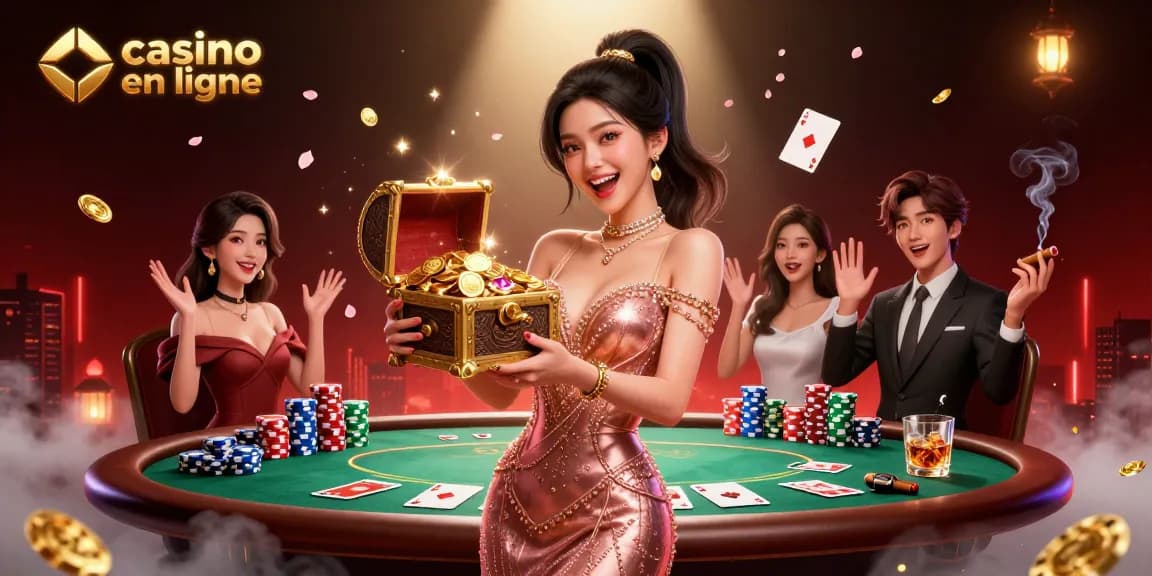 Découvrez l'excitation du casino en ligne avec un coffre au trésor 3D vibrant et des actions de poker dans cette illustration vivante.