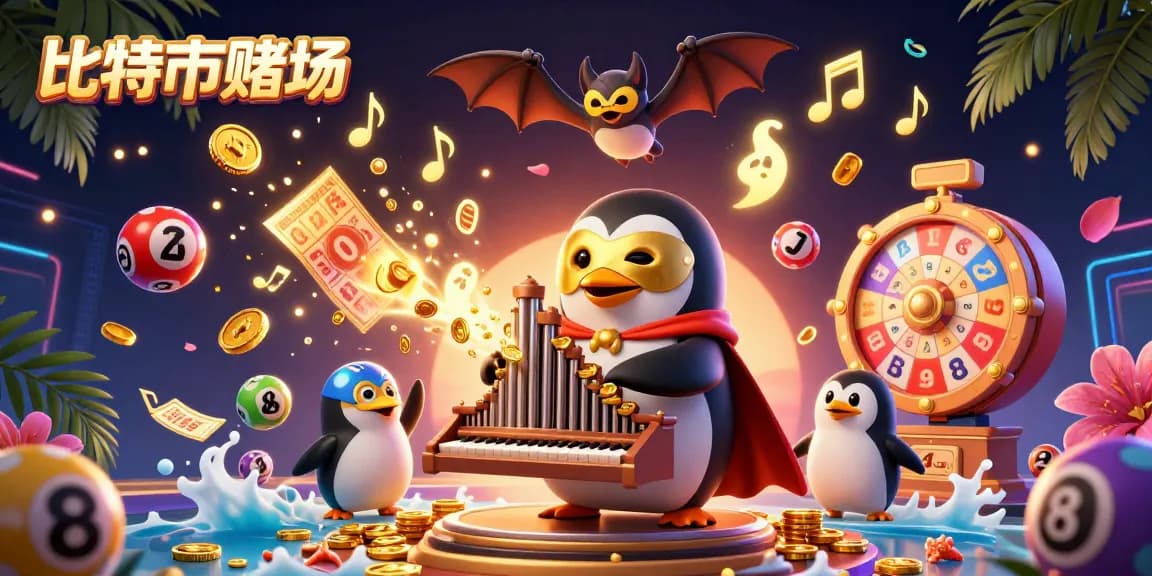 在比特幣賭場中,幻影歌劇企鵝演奏著金幣嘹亮的管風琴,背景中交織著豪華的遊戲元素。