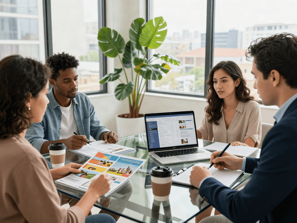 Realtor discussing depo 10k property options with potential buyers in modern office