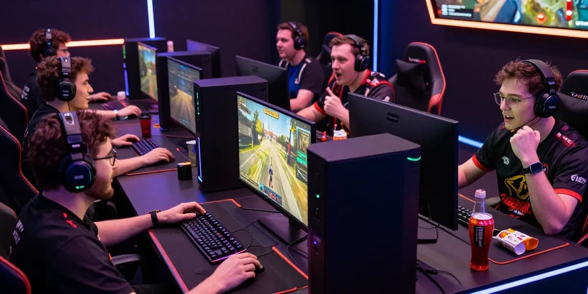 PUBG Cheats gaming tournament scene with intense focus and high-tech setup.