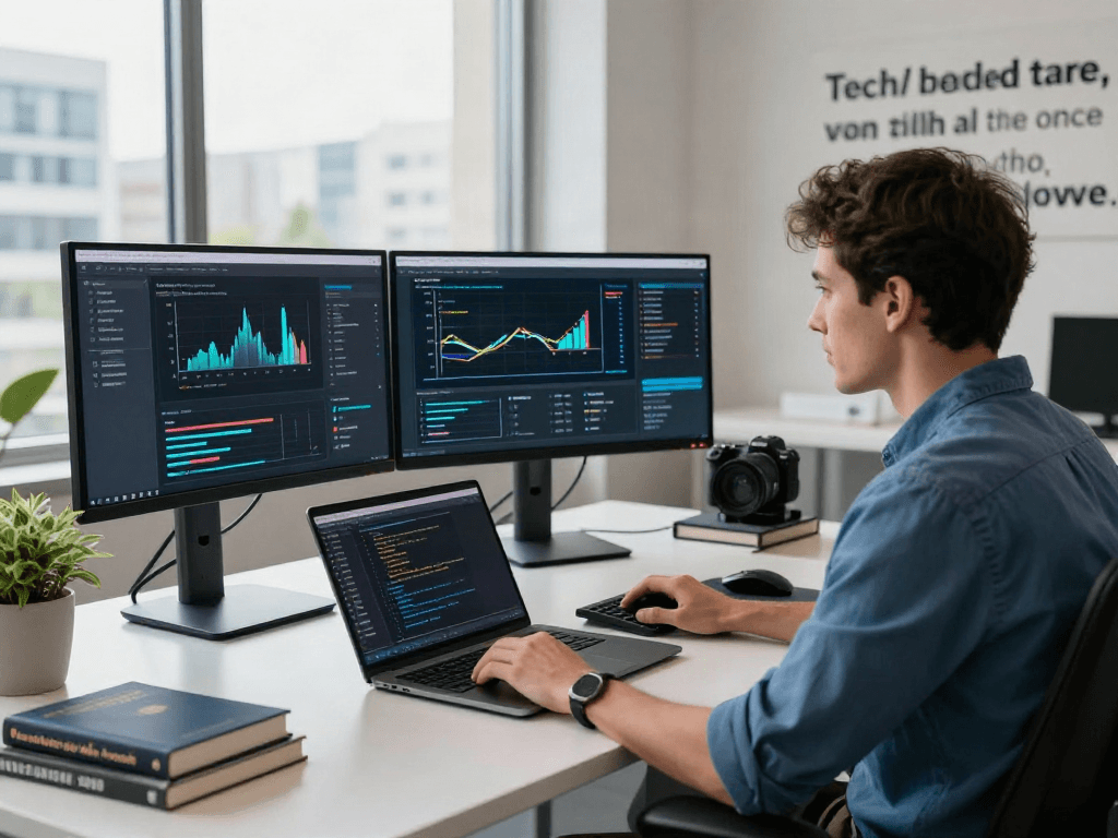 AI Detector interface shown on modern tech workspace monitors, depicting advanced detection tools in action.