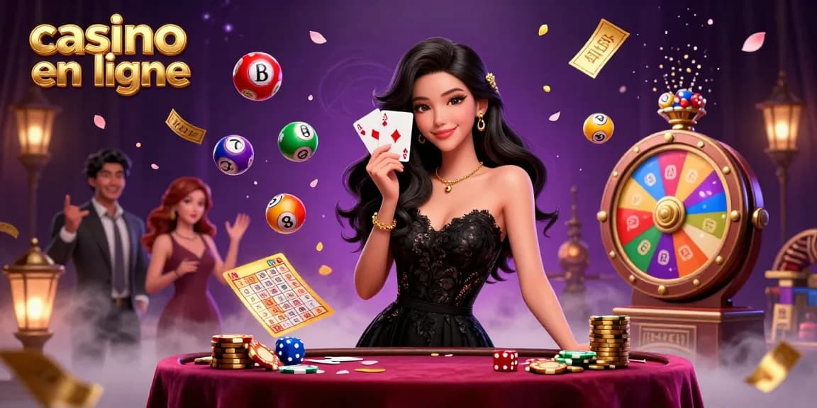 Plongez dans l'expérience captivante des casinos en ligne mise en avant par une femme élégante tenant des cartes as au milieu de jeux dynamiques et d'éléments vibrants.