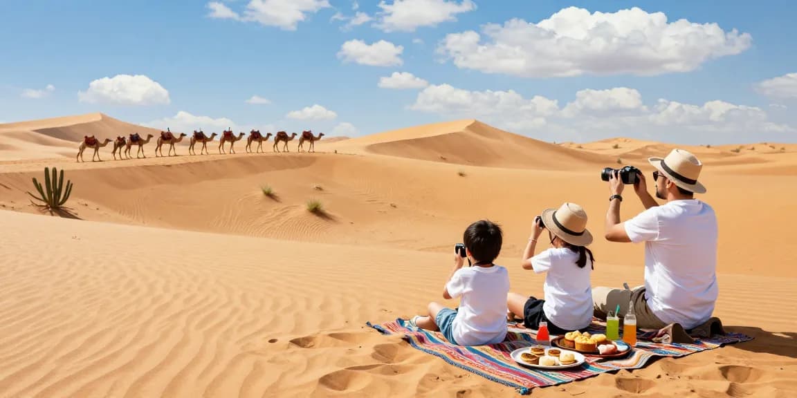 A family enjoying a slot desert safari adventure with sand dunes and camels in the background