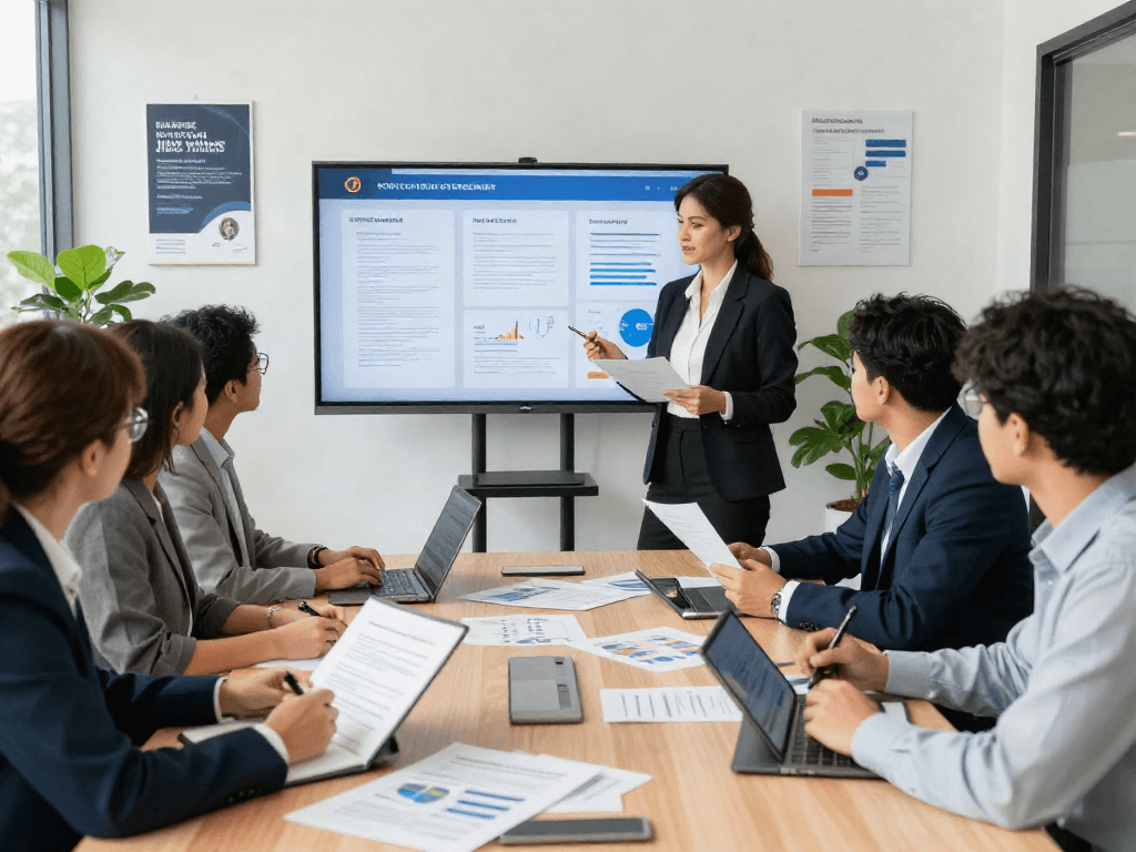 Team discussing a document fraud detection solution with data presentations and analytics in a corporate meeting room.