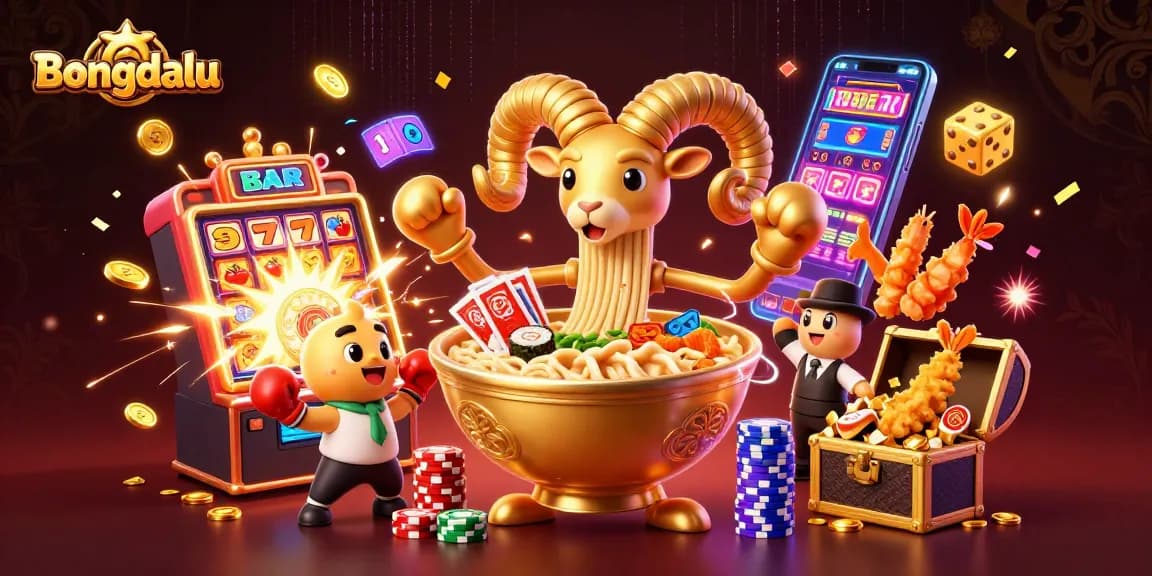 Bongdalu's vibrant 3D cartoon scene showcases a golden ramen bowl interacting with casino elements, enhancing the gambling experience.