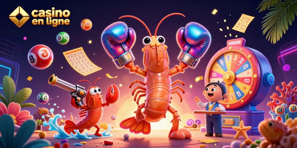 Plongez-vous dans l'univers du casino en ligne avec cette illustration dynamique réunissant une crevette mante, une crevette pistolet et un grouper, entourés de jeux colorés.