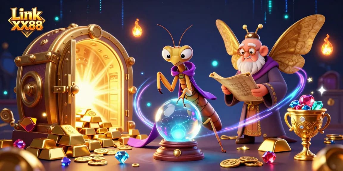 Win big with Link XX88 in this vibrant casino scene featuring mystical fortune tellers and treasures.