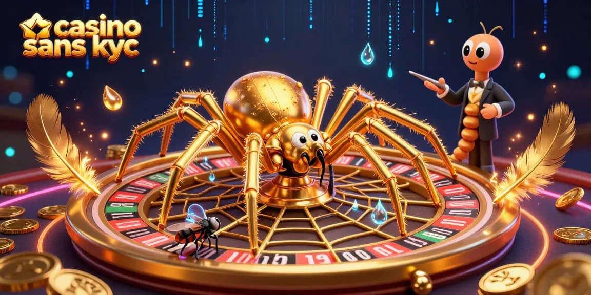 Gagnez aux jeux de casino sans KYC avec une illustration d'une araignée et un croupier.
