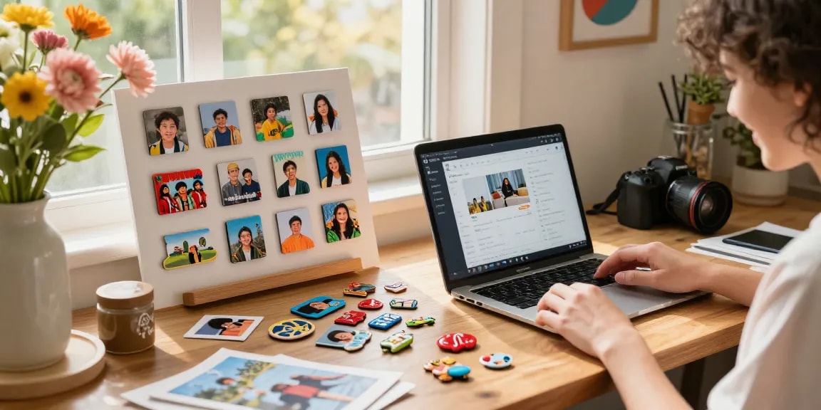 Custom photo magnets being designed at a creative workspace with colorful samples and personal touches.