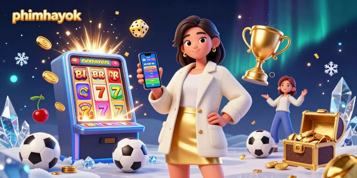 phimhayok sports betting app showcased by a stylish woman, surrounded by dynamic casino elements.