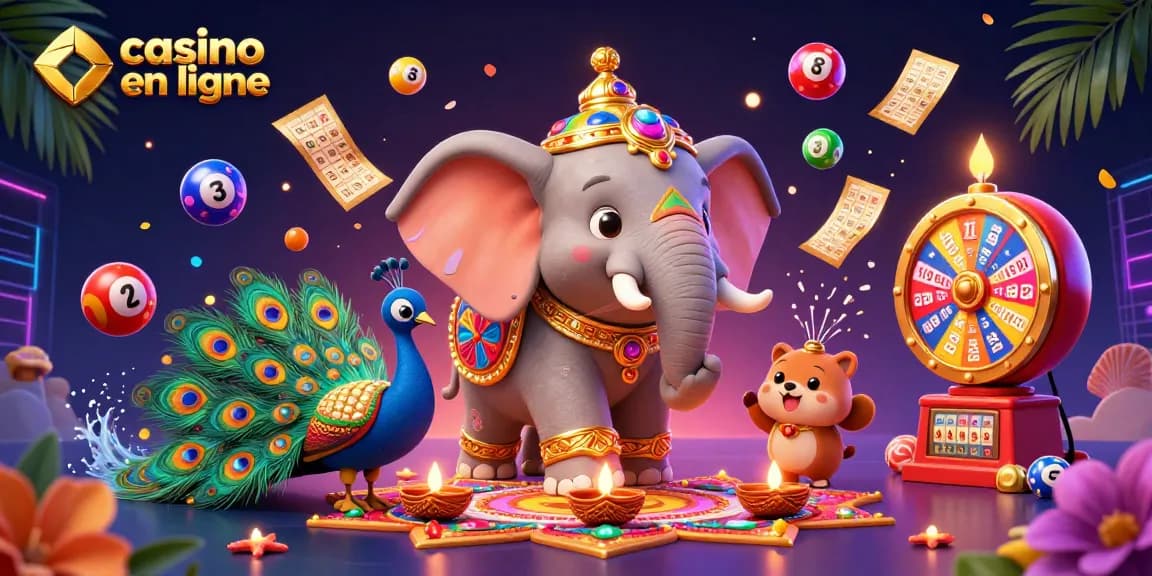 Experience the thrill of casino en ligne through an engaging illustration of festive characters and dynamic game elements.