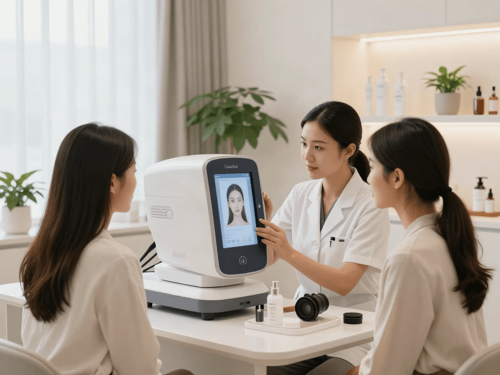 Beauty consultant showing ClinicEvo cheaper than QOVES personalized facial analysis to client.
