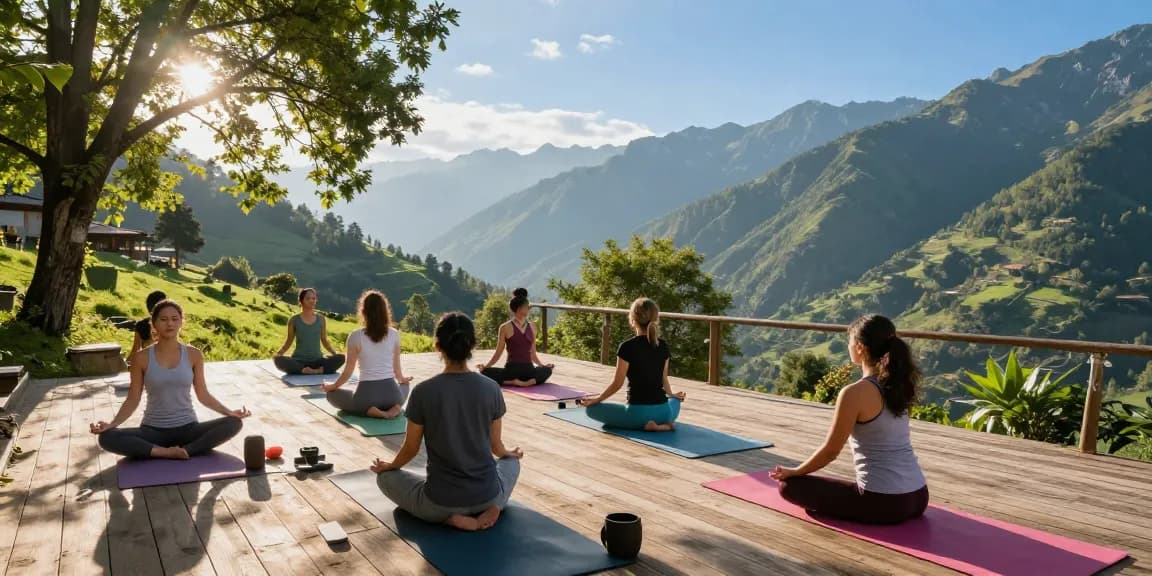 Participants practicing yoga at the best yoga retreat in Rishikesh amidst serene Himalayan nature.