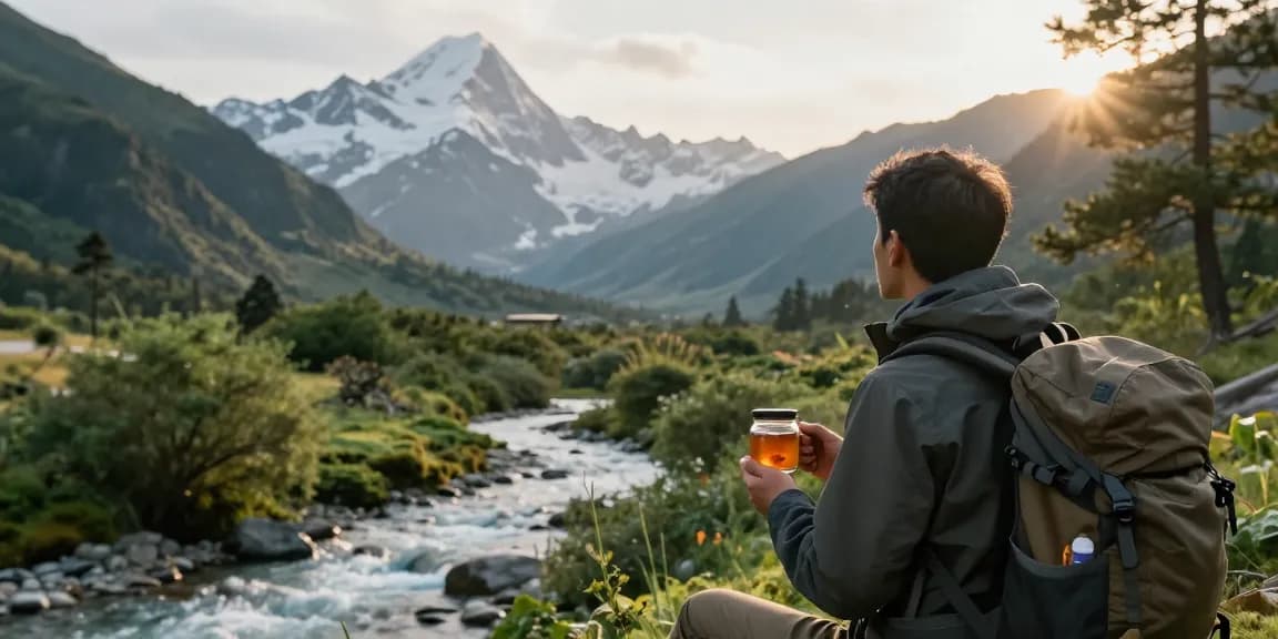 Hiker in the Himalayas with shilajit Australia jar, promoting wellness and nature.