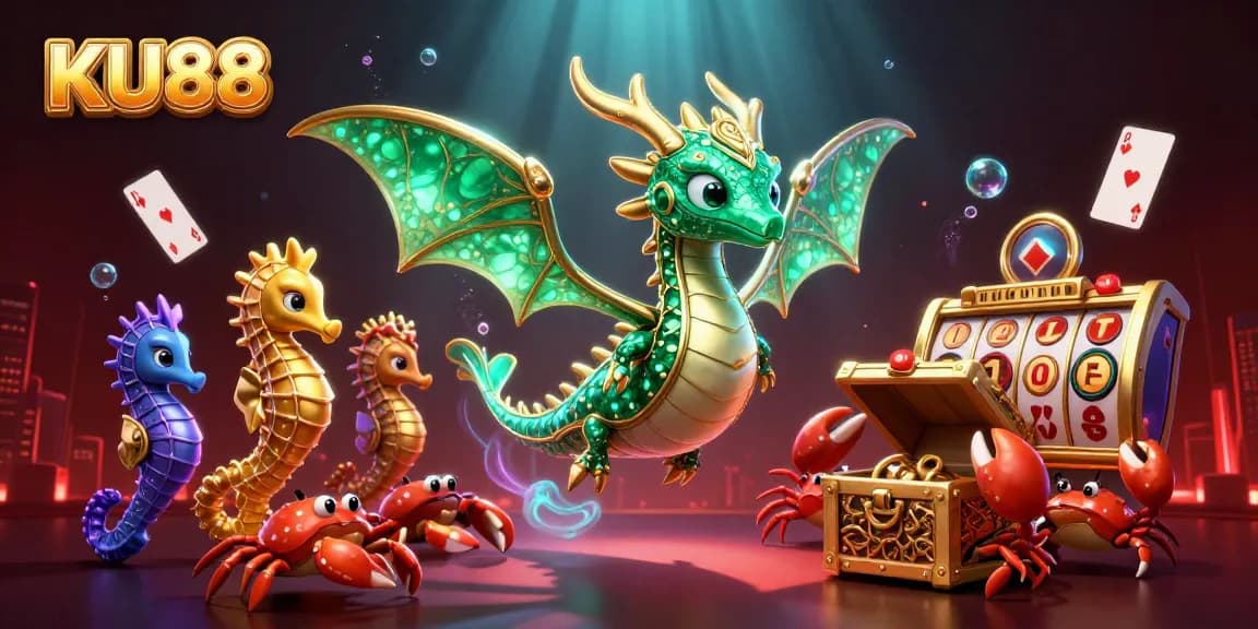 KU88's vibrant gambling scene featuring a sea dragon and floating casino elements.