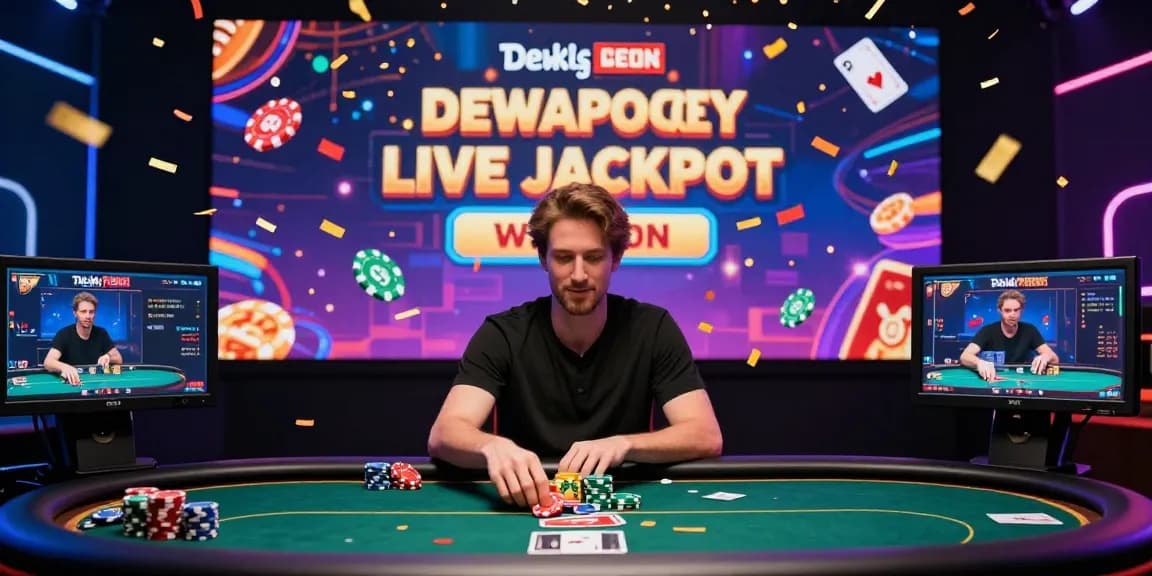 Dewapoker Live Jackpot celebration scene with player winning in a vibrant online casino environment.