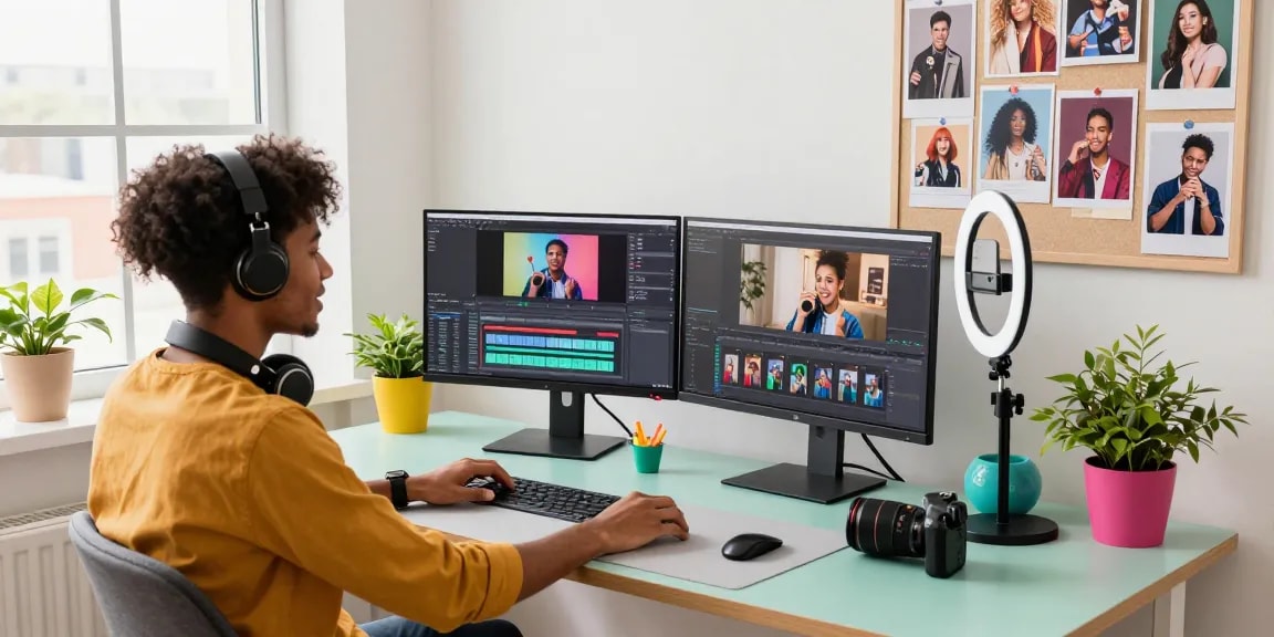Creator in stylish workspace creating TikTok video content, buy 500 tiktok views for more visibility.