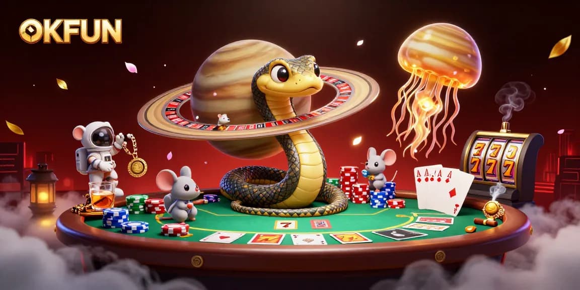 Bet on OKFUN with the cosmic dealer as astronauts enjoy a vibrant 3D casino atmosphere