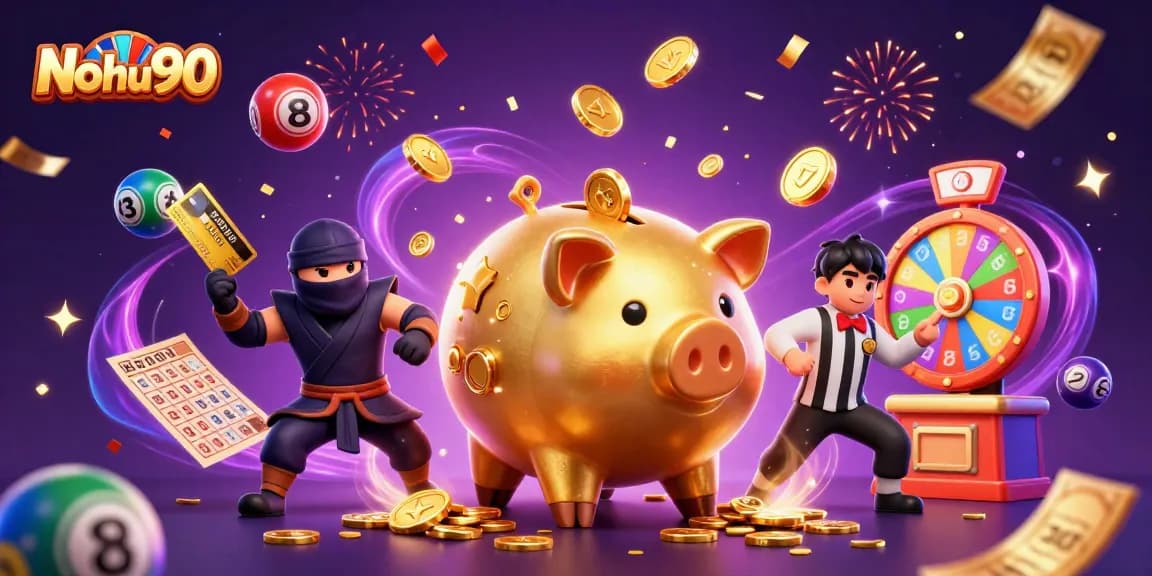 Nohu90 features a lively scene with a piggy bank sumo wrestler and colorful lottery elements enhancing the gaming experience.