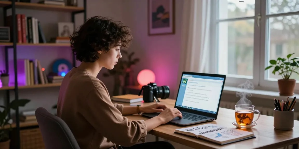 Engaging in ai nsfw chat in a cozy home office with ambient lighting.