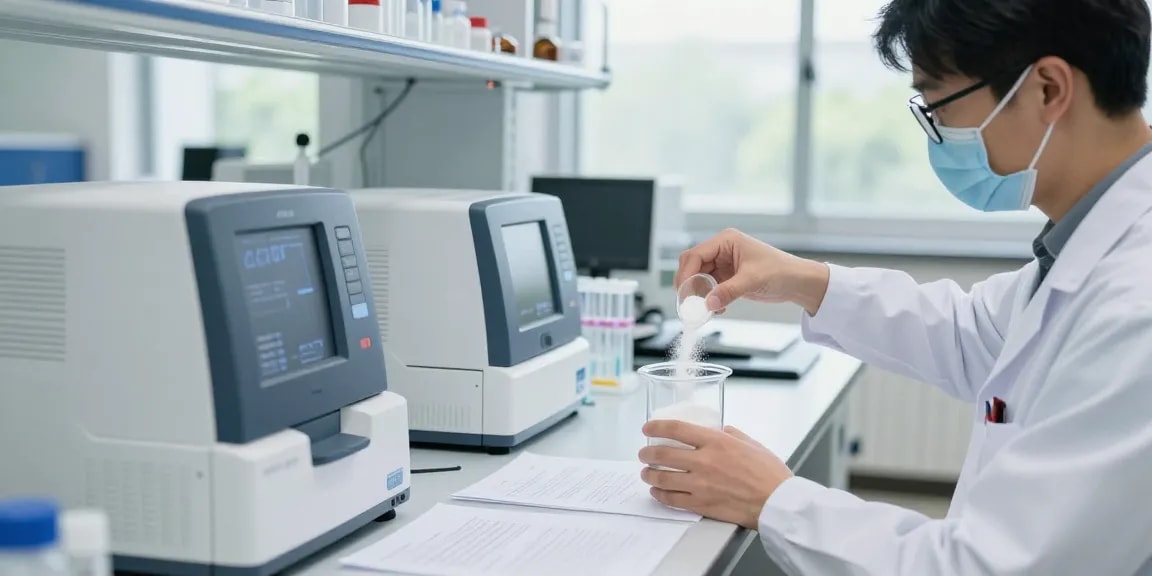 Ferulic acid powder being analyzed in a modern cosmetic lab for quality control.