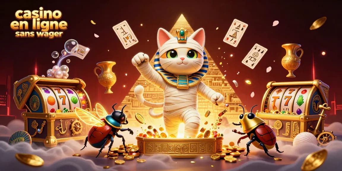 Illustration captivante du casino en ligne sans wager avec une momie égyptienne et des jeux de carte flottants.