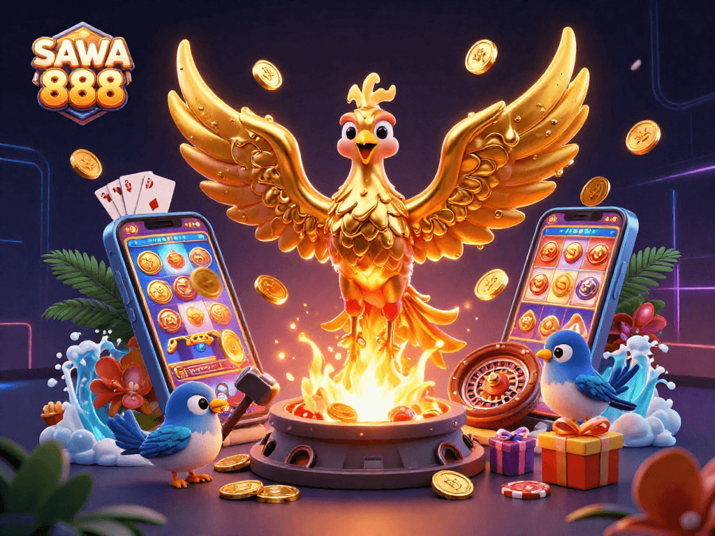 Experience the thrill with SAWA 888's golden phoenix symbolizing winning slots and casino excitement.