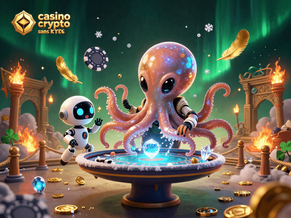 Illustration de casino crypto sans KYC 2026 avec un poulpe extraterrestre et un robot sur une table de poker à hologramme.