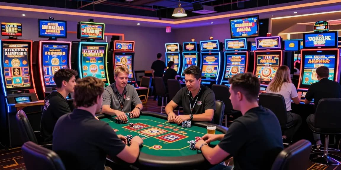 Scène de jeu passionnante de casino en ligne avec des joueurs enthousiastes s'engageant avec des machines à sous vibrantes et des jeux de table.