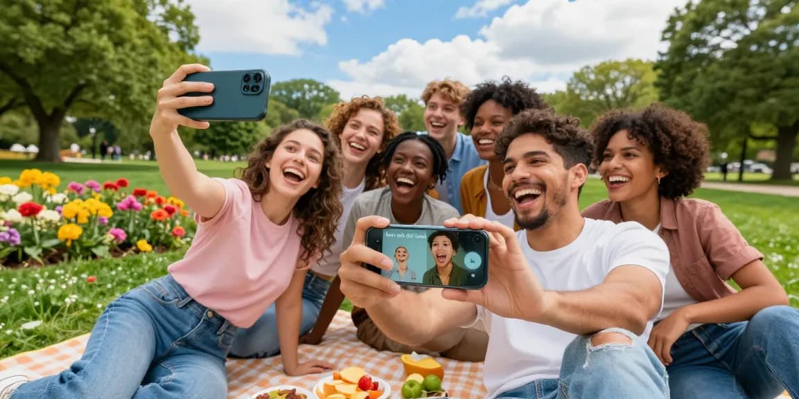 Friends enjoying a sunny day while using the "how old do I look" app in a scenic park, capturing joyful moments.