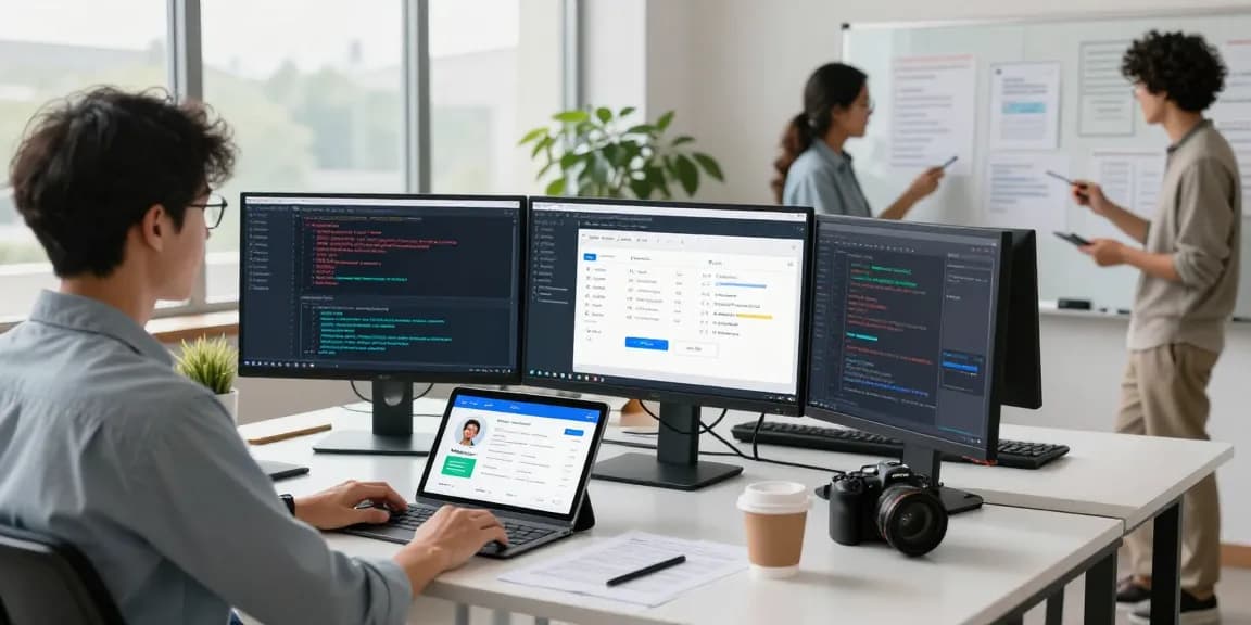 Age verification system integration in a modern digital workspace with multiple monitors and compliance strategies.